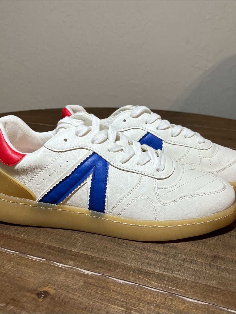 MIA White Sneakers with Blue Stripe, Red Heel & Gum Sole